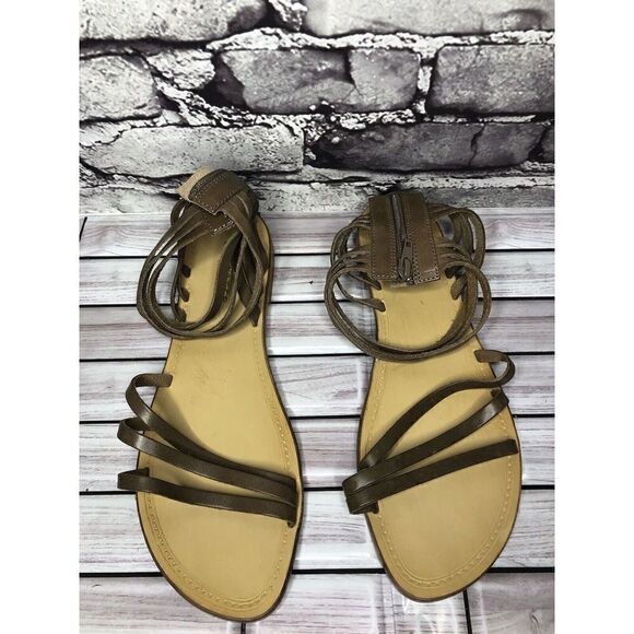 Sundance Taupe Leather Open Strap Back Zip Flats Sandals Women Sz 41EU/10.5M US - Picture 3 of 16